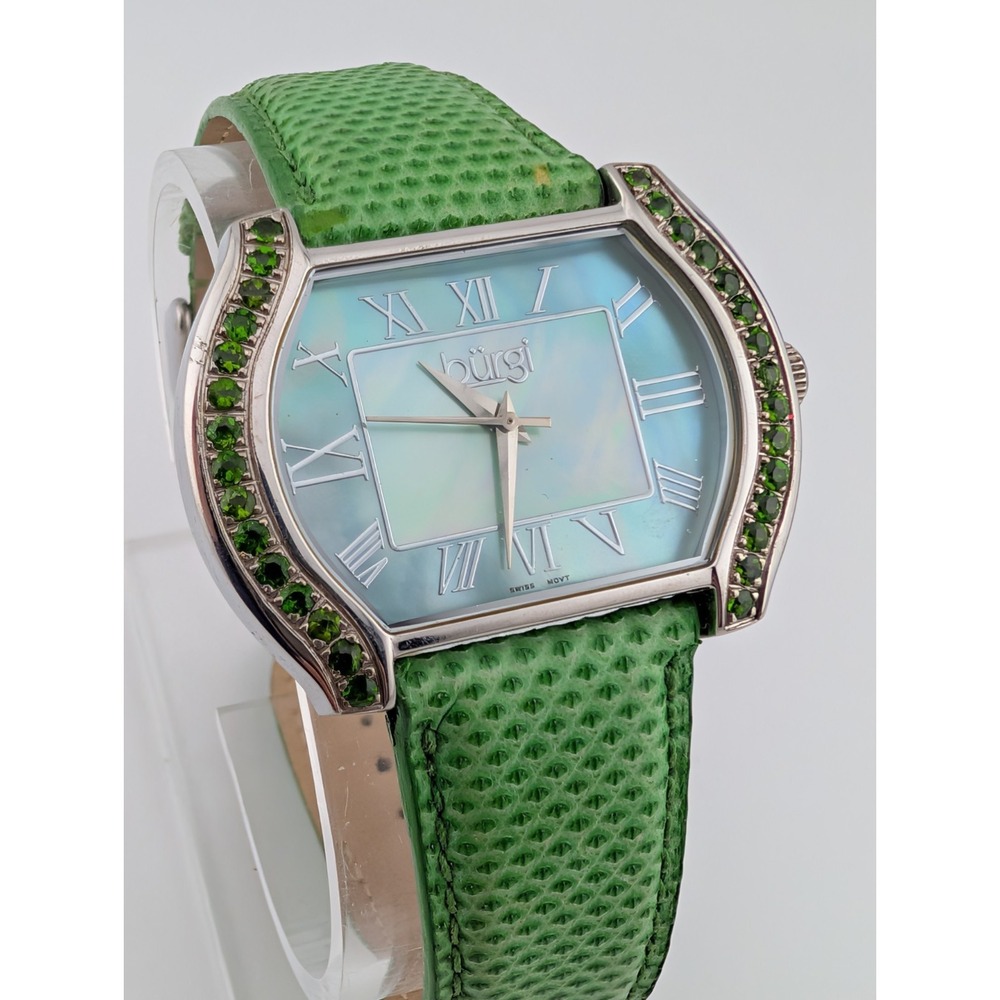 Burgi Swiss Watch Women 42mm Case‎ Green Snackskin Leather- New Battery